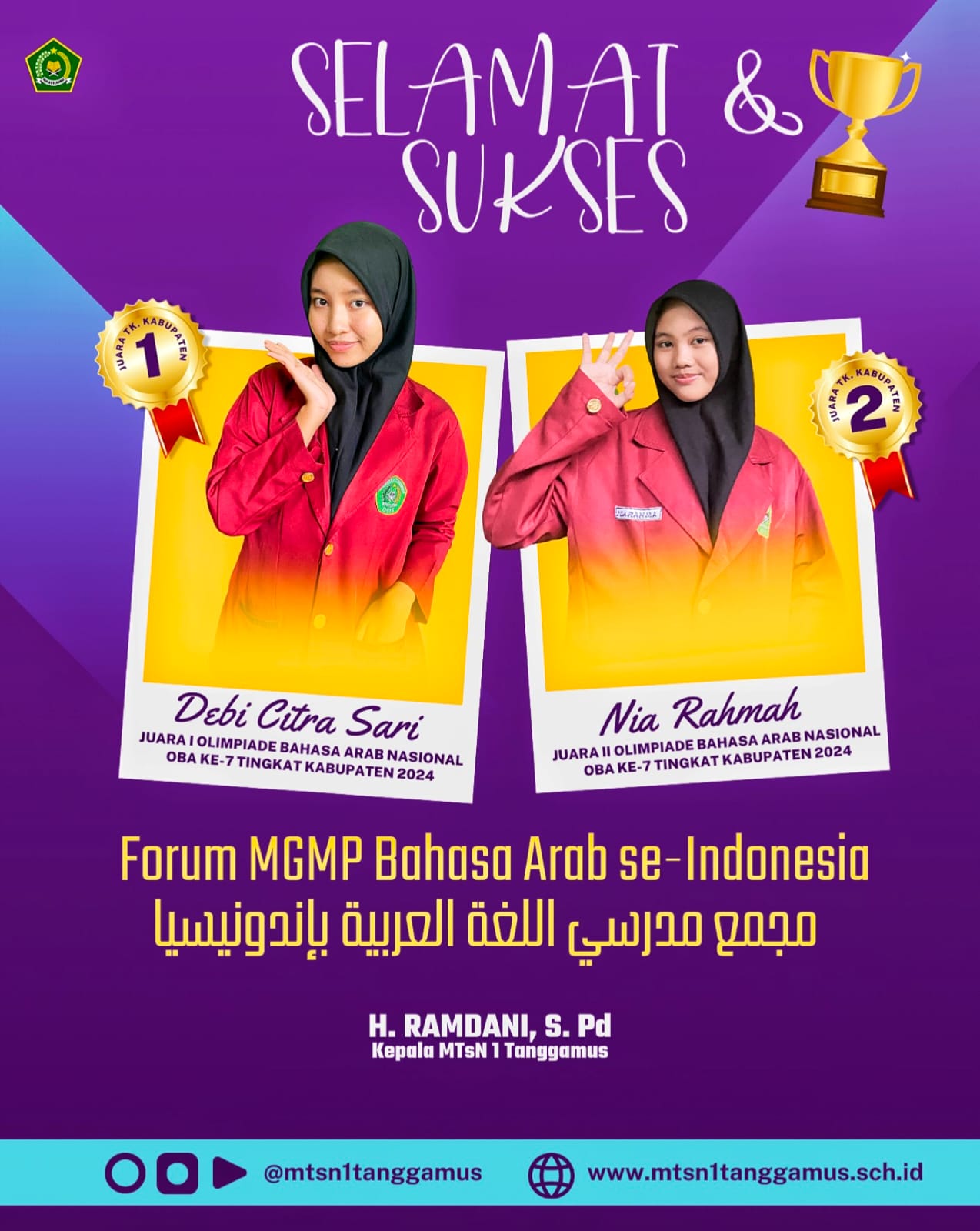 Dua Siswi MTsN 1 Tanggamus Raih Juara di Olimpiade Bahasa Arab Nasional Tingkat Kabupaten/Kota
