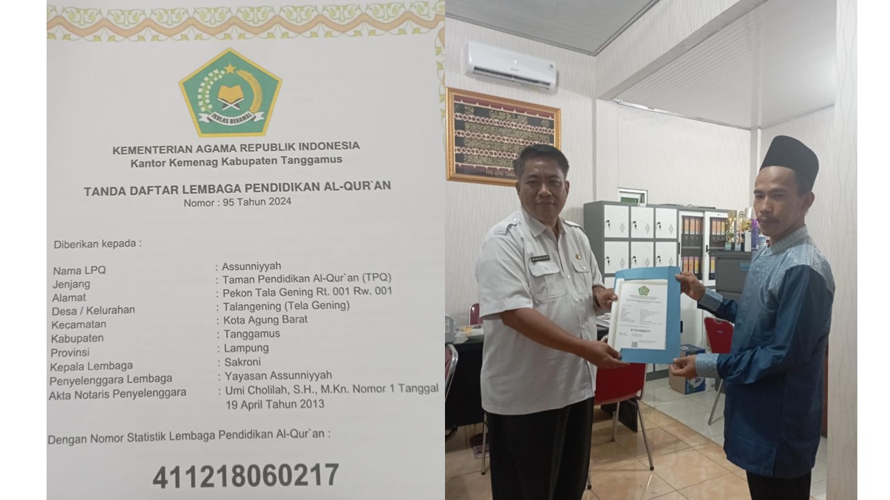 Penyerahan SK dan Piagam Tanda Daftar, TPQ Assunniyyah Kini Resmi Beroperasi
