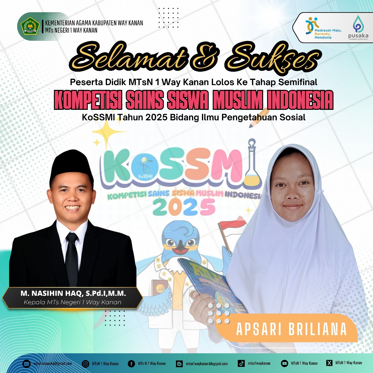 Siswi MTsN 1 Way Kanan Berhasil Melaju ke Tingkat Provinsi pada Lomba KOSSMI
