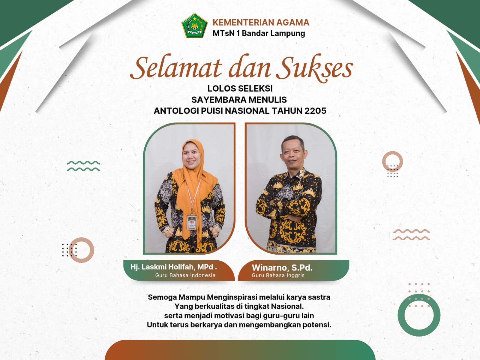 Bersastra di Tengah Mengajar, Dua Guru MTsN 1 Bandar Lampung Lolos Sayembara Puisi Nasional
