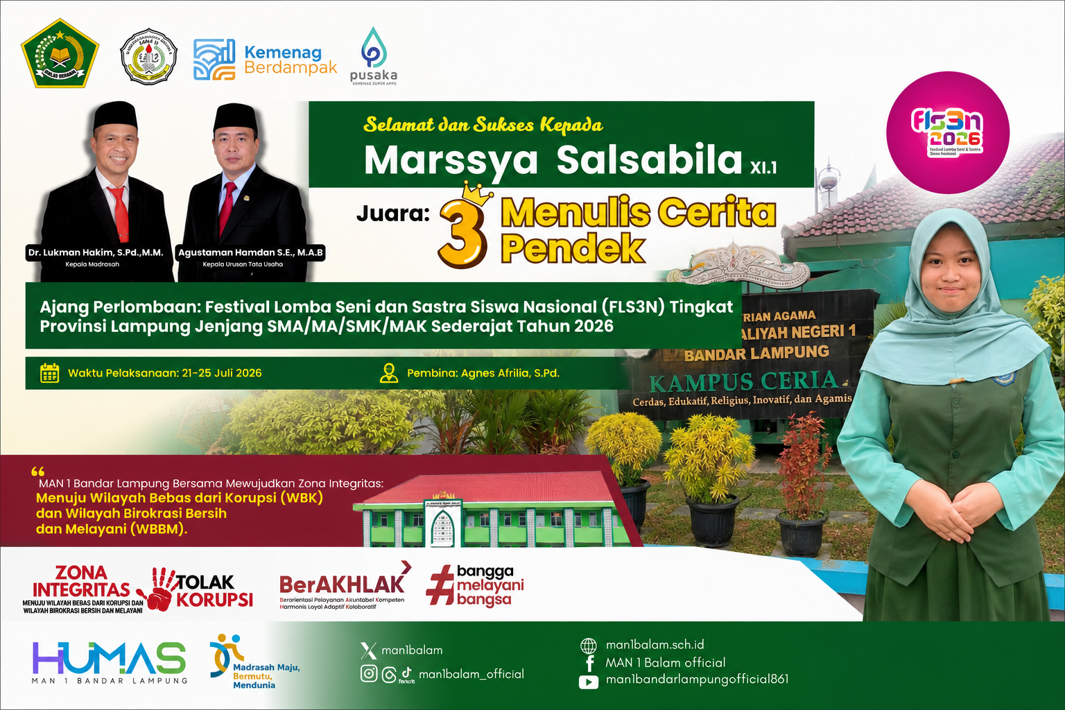 MAN 1 Bandar Lampung Raih Juara III FLS3N Tingkat Provinsi Lampung 2026 Cabang Menulis Cerita Pendek