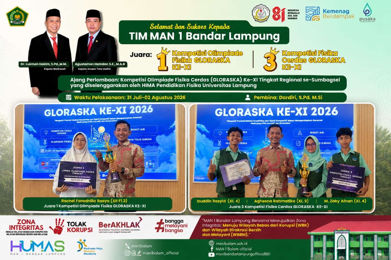 MAN 1 Bandar Lampung Raih Juara 1 Olimpiade Fisika dan Juara 3 Fisika Cerdas pada GLORASKA XI 2026