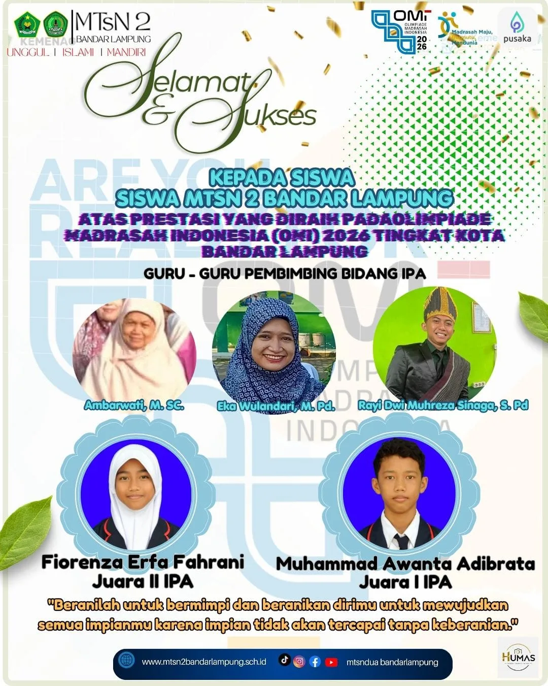 Dua Siswa MTsN 2 Bandar Lampung Raih Juara I dan II OMI 2026  Bidang IPA