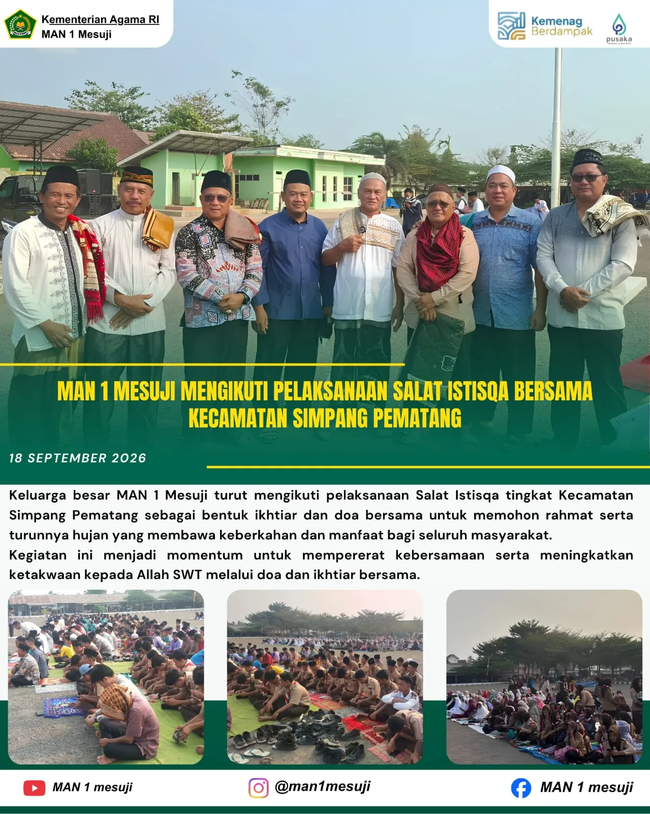 Ikhtiar Bersama Hadapi Kemarau, Keluarga Besar MAN 1 Mesuji Ikuti Salat Istisqa Berjemaah di Alun-Alun Simpang Pematang