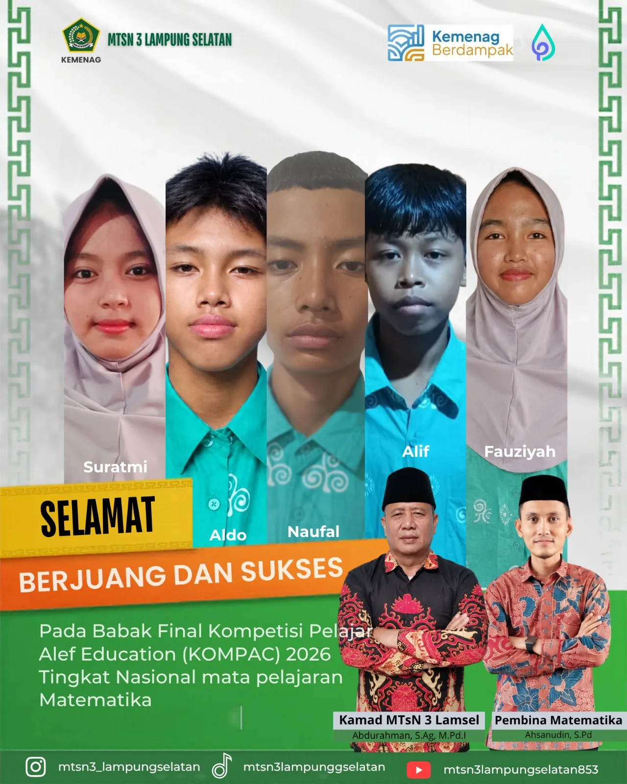 Lima Siswa MTsN 3 Lampung Selatan Lolos ke Babak Final KOMPAC 2026 Bidang Matematika